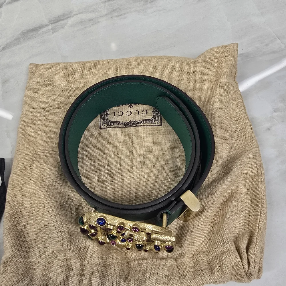 🔥RARE🔥Gucci Green Leather Logo Belt with Jeweled Double G Buckle - Picture 3 of 7